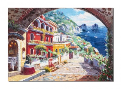 Tablou peisaj citadin mediteranean pictat manual, Colt de rai, stilizat, 70x50cm ulei pe panza, Magnific foto