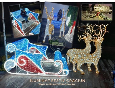 Sanie luminoasa cu reni, iluminat festiv, decoratiune luminoasa exterior. foto