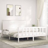 VidaXL Cadru de pat cu tăblie, alb, king size, lemn masiv