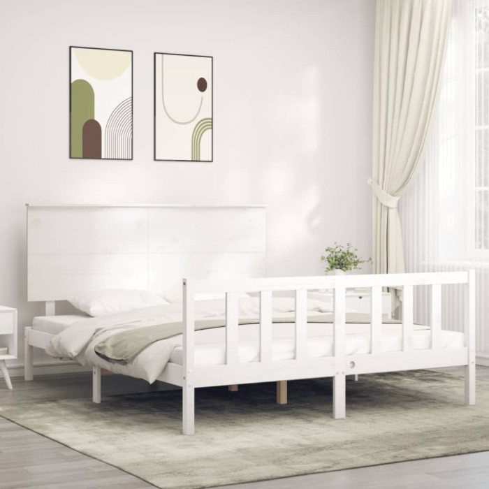 vidaXL Cadru de pat cu tăblie, alb, king size, lemn masiv 3193407