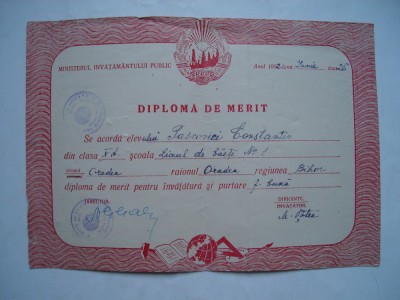 Diploma de merit RPR pentru invatatura si buna purtare, 1952 foto