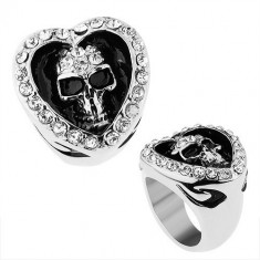 Inel realizat din oţel inoxidabil, inimă împodobită cu zirconii transparente, craniu patinat - Marime inel: 64