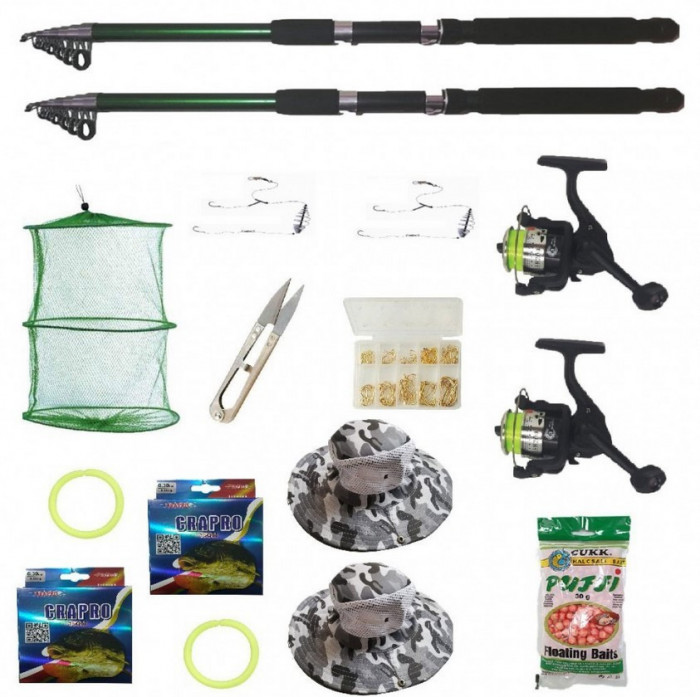 Set 2 lansete Ultra Carp 2.4m, doua mulinete BH200, gute, palarii, monturi, pufuleti si accesorii