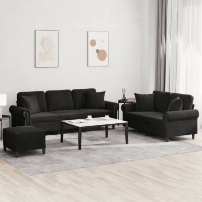 vidaXL Set de canapele cu perne, 3 piese, negru, catifea foto