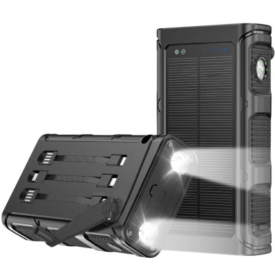 Baterie Externa Solara Linomag&amp;reg;, Power Bank 30000 mAh, 1x cablu Lightning, 1x cablu USB Type-C, 1x cablu micro-USB incluse, Busola &amp;amp; Lanterna incorpor foto