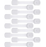 Set 10 bucati sisteme de siguranta copii ajustabile, blocare sertare, dulap, frigider, WC, adeziv puternic, lungime 19 cm, alb