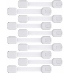 Set 10 bucati sisteme de siguranta copii ajustabile, blocare sertare, dulap, frigider, WC, adeziv puternic, lungime 19 cm, alb