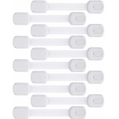 Set 10 bucati sisteme de siguranta copii ajustabile, blocare sertare, dulap, frigider, WC, adeziv puternic, lungime 19 cm, alb