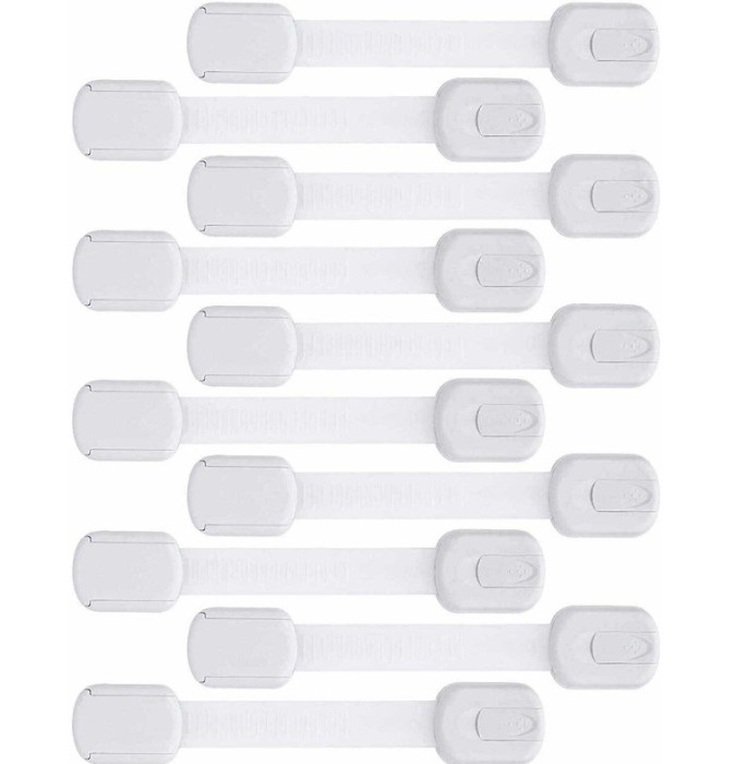 Set 10 bucati sisteme de siguranta copii ajustabile, blocare sertare, dulap, frigider, WC, adeziv puternic, lungime 19 cm, alb
