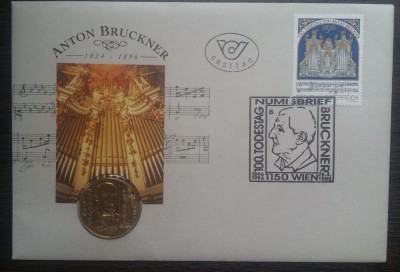 AUSTRIA - FDC SI MONEDA 20 SCHILLING 1996 - ANTON BRUCKNER 1824-1896 foto