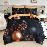 Cumpara ieftin Lenjerie pat de Craciun cu elastic,pat dublu,bumbac finet,6 piese, imprimeu 5D globuri si conuri aurii-A1241