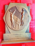 G296-Medalie stativ Volei 1961- FEMINA TRIPLES bronz masiv stare foarte buna. Marimi: 8/7 cm.