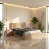 Pat Tapitat Elys Crem Catifea Premium Cu Noptiere Tapitate Expediere rapidă