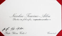 CARTE DE VIZITA NICOLAE TCACIUC-ALBU, DOCTOR IN FILOZOFIE foto