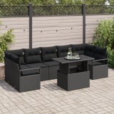 Set 8 piese canapea gradina cu perne negru ratan poli, canapea gradina 2 locuri cu spatiu depozitare &amp; perne negru ratan poli