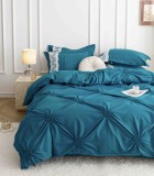Cumpara ieftin Lenjerie pat dublu cu pliuri si inimi brodate,bumbac finet,6 piese,albastra-A860, Jojo Home