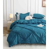 Lenjerie pat dublu cu pliuri si inimi brodate,bumbac finet,6 piese,albastra-A860