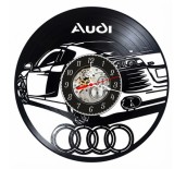 Ceas de perete decorativ realizat din disc de vinil, Model Auto Audi R8 Supercar, Logo Cele Patru Inele, Text Audi, Negru, 30 cm