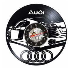 Ceas de perete decorativ realizat din disc de vinil, Model Auto Audi R8 Supercar, Logo Cele Patru Inele, Text Audi, Negru, 30 cm