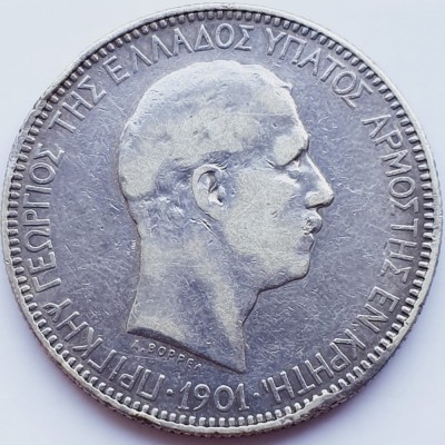 771 Creta 5 Drachmai 1901 Ge&amp;oacute;rgios km 9 argint foto