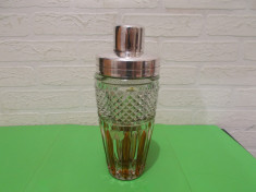 SHAKER Art Deco din CRISTAL colorat si metal ARGINTAT , atelier JTH , marcat foto