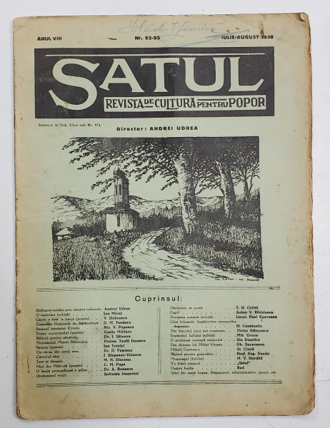 SATUL , REVISTA DE CULTURA PENTRU POPOR , ANUL VIII , NR. 92-93 , IULIE - AUGUST , 1938