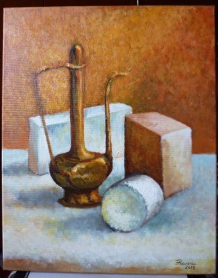 P20. Tablou, Natura statica cu ceainic auriu,40x50cm neinramat, RavariuArt foto