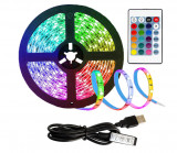 Kit Banda Led RGB cu USB 3M, 30 LED-uri, Telecomanda, pentru TV, PC, Auto, IP67, Lumina Ambientala