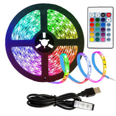 Kit Banda Led RGB cu USB 3M, 30 LED-uri, Telecomanda, pentru TV, PC, Auto, IP67, Lumina Ambientala