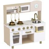 AIYAPLAY Bucătărie de Jucărie pentru Copii cu Plită, Robinet și Accesorii, MDF și Oțel Inoxidabil, 74 x 29 x 81 Cm, Alb | Aosom Romania
