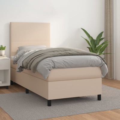 vidaXL Pat box spring cu saltea, cappuccino, 90x200 cm piele ecologică 3142706 foto