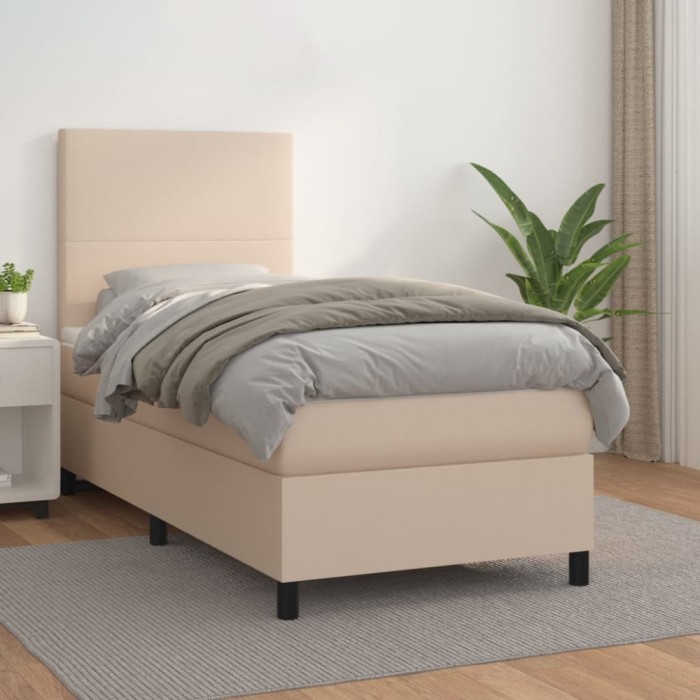 vidaXL Pat box spring cu saltea, cappuccino, 90x200 cm piele ecologică 3142706
