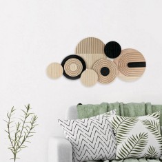 Decorațiune de Perete din Lemn, Model Cercuri, Natural și Negru, 67.5x34x2.5cm