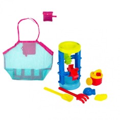 Set Jucarii Nisip 5 piese, Geanta pentru jucarii plaja din plasa cu manere nailon inclusa, nu retine apa, nisip, 68 x 44 x 24 cm