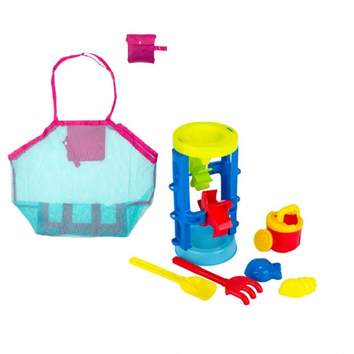 Set Jucarii Nisip 5 piese, Geanta pentru jucarii plaja din plasa cu manere nailon inclusa, nu retine apa, nisip, 68 x 44 x 24 cm
