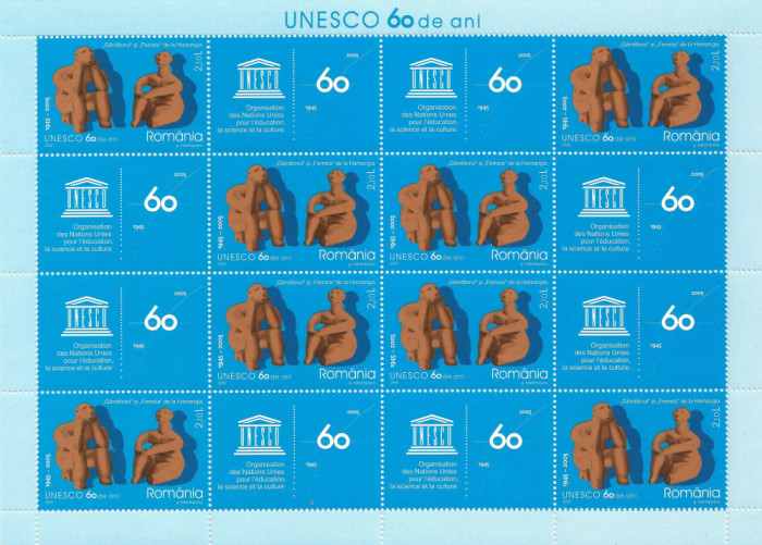 |Romania, LP 1702/2005, UNESCO - 60 de ani, coala de 8 timbre si 8 viniete, MNH