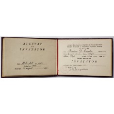 ATESTAT DE INVATATOR , CARNET EMIS DE MINISTERUL INVATAMANTULUI LA 10 AUGUST 1956