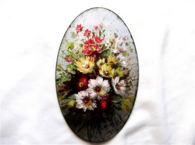 Tablou cu buchet de flori de camp, tablou oval pe lemn 40621 foto