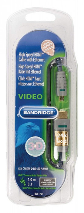 Cablu HDMI - micro HDMI cu Ethernet Bandridge BVL1701 High-Speed (1m)