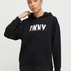 Dkny bluza femei, culoarea negru, cu glugă, cu imprimeu