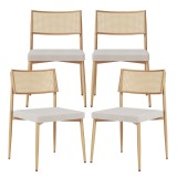 Set 4 scaune dining bej cu spatar aspect ratan si sezut tapitat