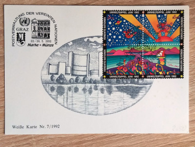 ONU VIENA 1992 &amp;ndash; SUMMIT PLANETA PAMANT, carton filatelic bloc stampilat(C.R.) foto