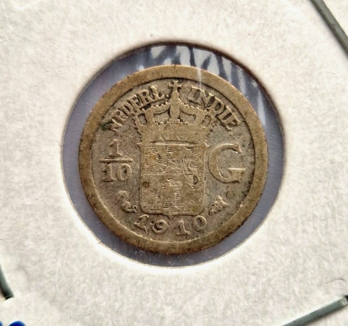 Indiile Olandeze de Est 1/10 Gulden 1910 moneda din argint km # 311 Wilhelmina