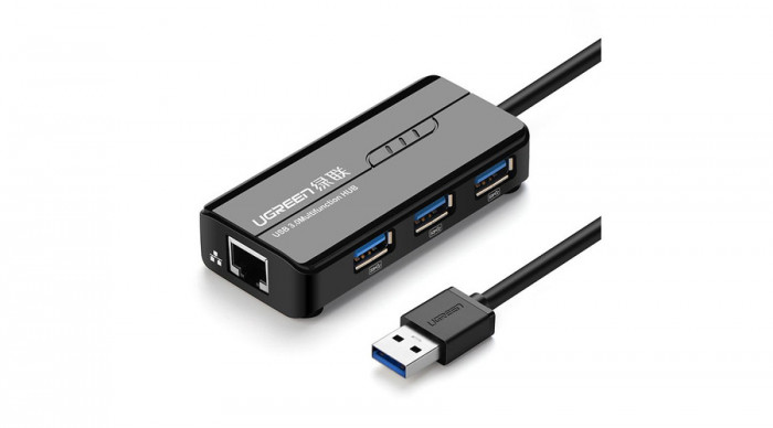 Ugreen Multifuncțional USB 3.0 HUB 3x USB/network adapter RJ45 Giga Ethernet - negru (20265)