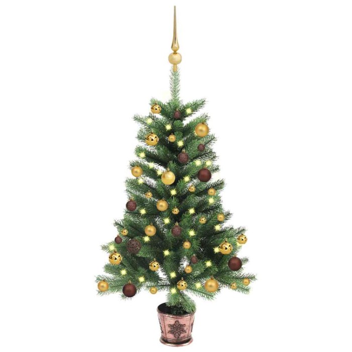 Brad Crăciun pre-iluminat artificial, set globuri, verde, 65 cm