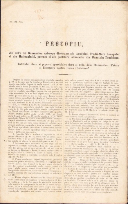A1301 Circulară a episcopului ortodox al Aradului, Procopie Ivacicovici, 1873, &icirc;nsoțită de &icirc;mpărțirea eparhiei Aradului