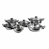 Set oale inox 12 piese, compus din 4 x oale, 1x cratita cu coada, 1x tigaie si 6x capace sticla / ZLN 4038