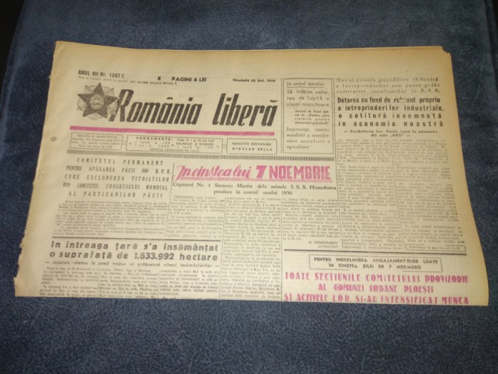 ZIARUL ROMANIA LIBERA 22 OCTOMBRIE 1949
