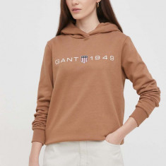 Gant bluza femei, culoarea maro, cu glugă, cu imprimeu