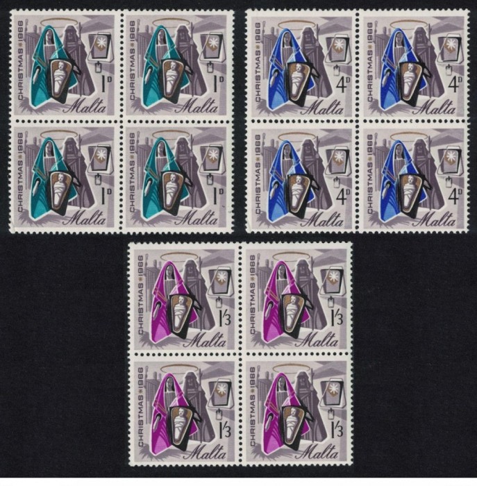 MALTA 1966 RELIGIE , CRACIUN , SERIE COMPLETA NESTAMPILATA IN BLOCURI DE 4